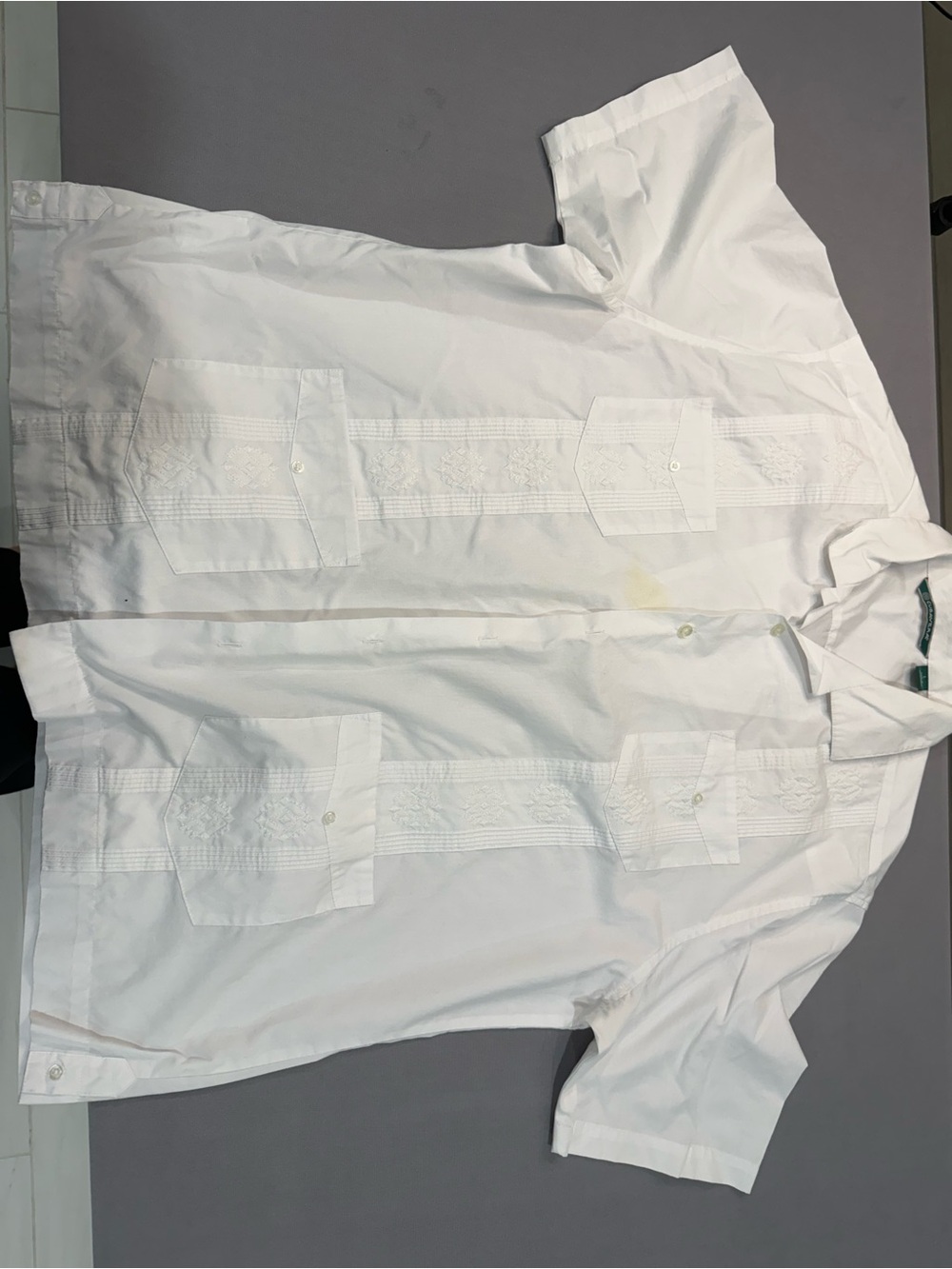 Cubavera Men's L White Solid Woven Cotton Embroidered Button-Up Shirt Pockets